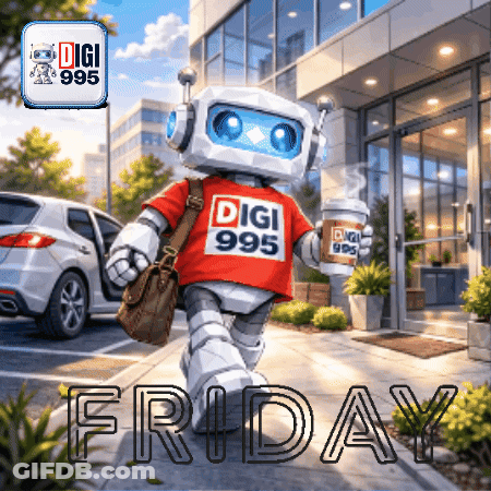 Robot Sitting On Bean Bag Holding Friday Cup GIF