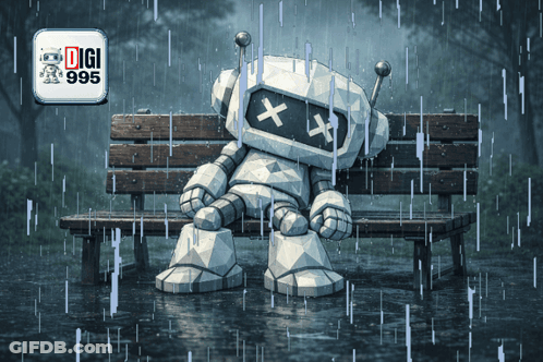 Robot Sitting On Bench In Rain GIF