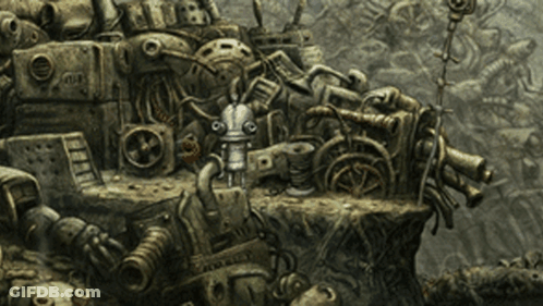 Robot Sitting On Broken Machinery GIF
