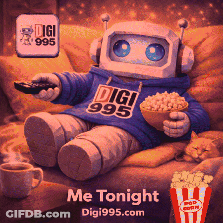 Robot Sitting On Couch Eating Popcorn Drinking Coffee GIF