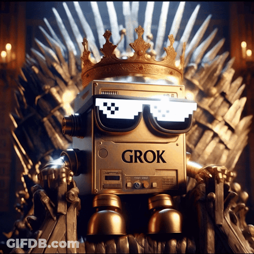 Robot Sitting On Throne Saying Grok GIF