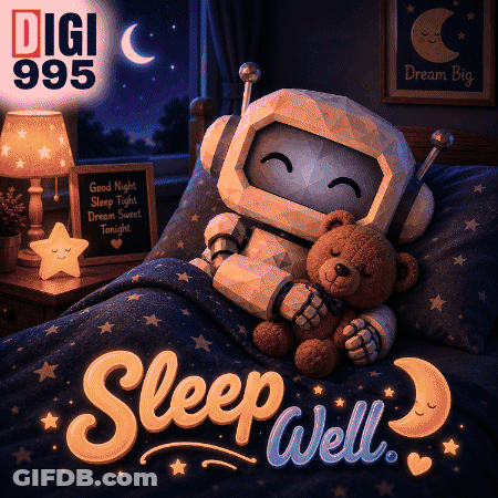 Robot Sleeping In Bed With Teddy Bear Saying Sleep Well GIF