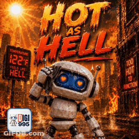 Robot Standing By Hot As Hell Sign GIF