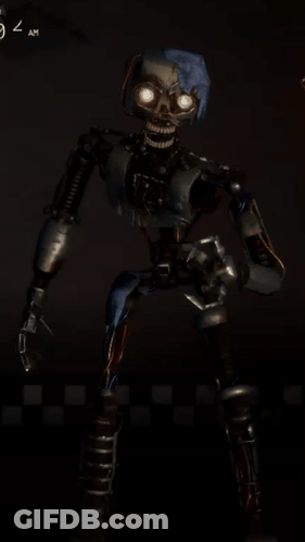 Robot Standing In Dark Room At 8:08 GIF
