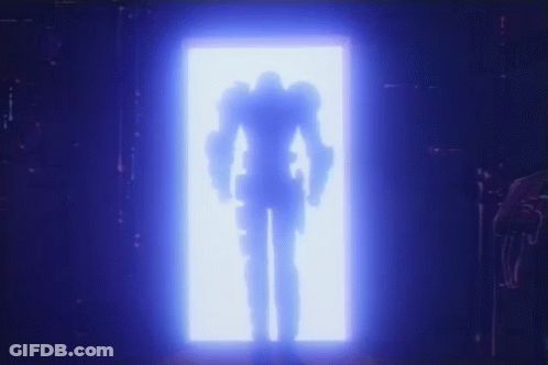 Robot Standing In Doorway With Glowing Light GIF