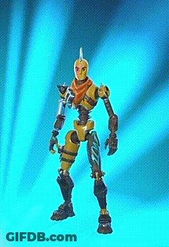 Robot Standing In Front Of Blue Curtain With Arms Outstretched GIF