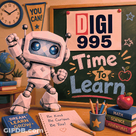 Robot Standing In Front Of Chalkboard Saying Digi 985 Time To Learn GIF