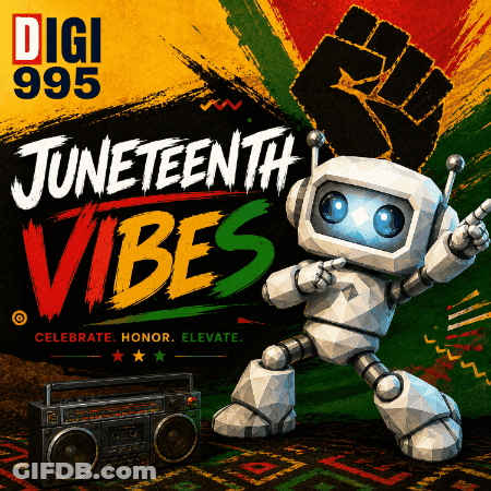 Robot Standing In Front Of Digi 985 Sign GIF