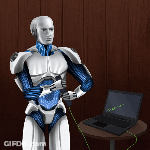 Robot Standing Next To Laptop With Graph GIF