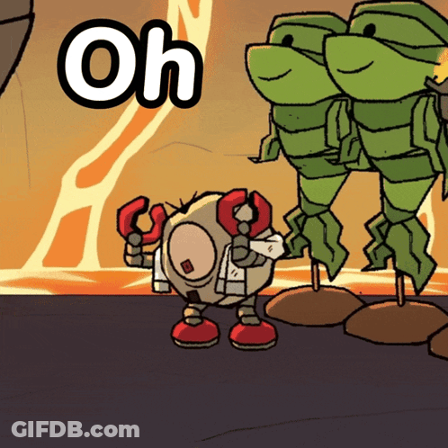 Robot Standing Next To Two Turtles Saying Oh GIF