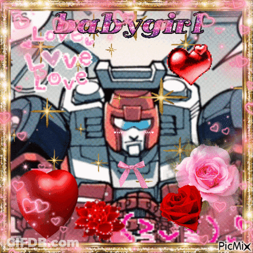 Robot Surrounded By Hearts And Flowers Babygirl GIF