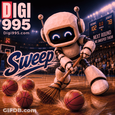 Robot Sweeping Basketballs In Front Of Digi 995 Sign GIF