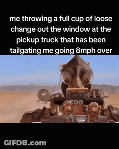 Robot Throwing Loose Change Out Window At Pickup Truck GIF