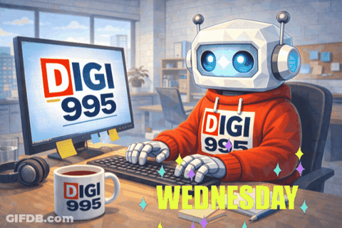 Robot Typing On Keyboard With Digi 985 Mug GIF