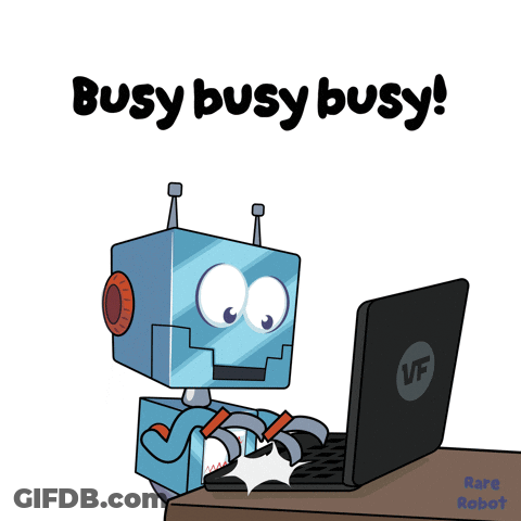 Robot Using Laptop Saying Busy Busy Busy GIF