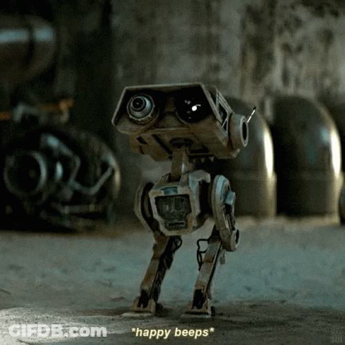 Robot Walks Saying Happy Beeps GIF