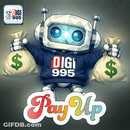 Robot Wearing Digi 995 Pay Up Sweatshirt Holding Money Bags GIF
