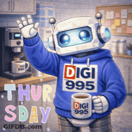 Robot Wearing Digi 995 Sweater Holding Coffee GIF