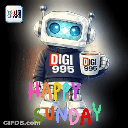Robot Wearing Digi 995 Sweater Holding Coffee GIF