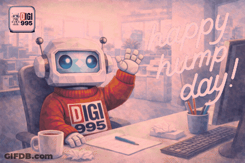 Robot Wearing Digi Sweater At Desk GIF
