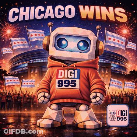 Robot Wearing Hoodie Saying Chicago Wins GIF