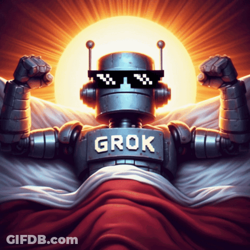 Robot Wearing Sunglasses With Grok On Chest GIF