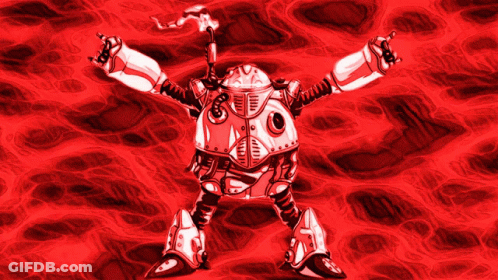 Robot With Arms Outstretched Against Red Background GIF