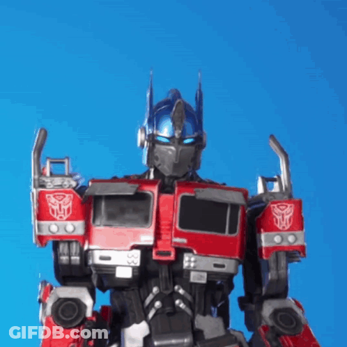 Robot With Blue Helmet And Red Truck On Arms GIF