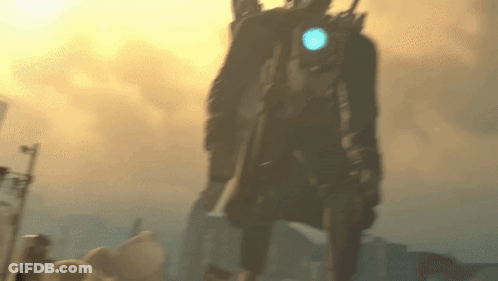Robot With Blue Light On Head In Fog GIF