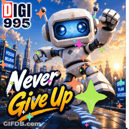 Robot With Fist In Air Saying Never Give Up GIF