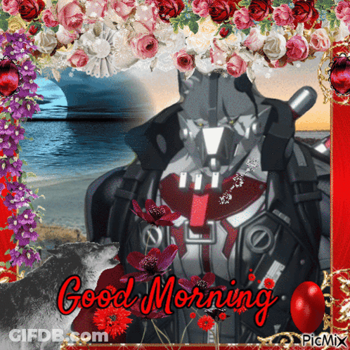 Robot With Flowers Saying Good Morning GIF