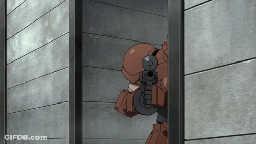 Robot With Gun Peeking From Behind Door GIF