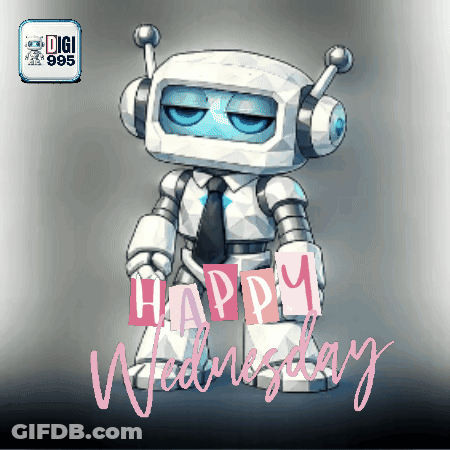 Robot With Headphones And Tie Holding Happy Wednesday Blocks GIF