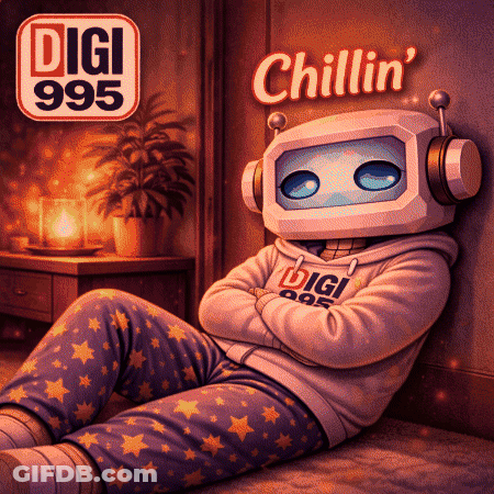 Robot With Headphones Laying Near Digi 995 Sign GIF