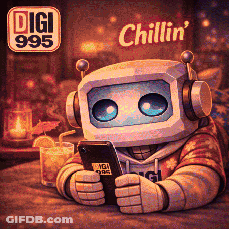 Robot With Headphones Looking At Phone Digi 995 Chillin GIF