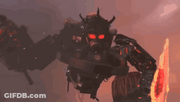 Robot With Horns And Red Eyes Holding Sword GIF