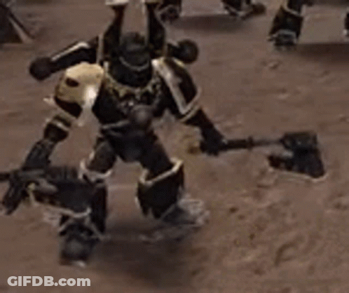 Robot With Horns Holding Axe And Gun GIF