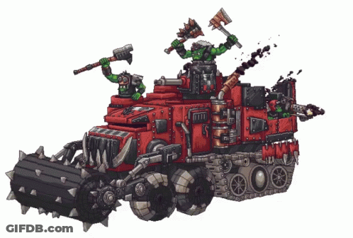 Robot With Horns Holding Axe And Gun GIF