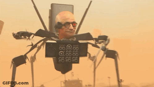 Robot With Man's Head And Glasses Holding Cell Phone GIF