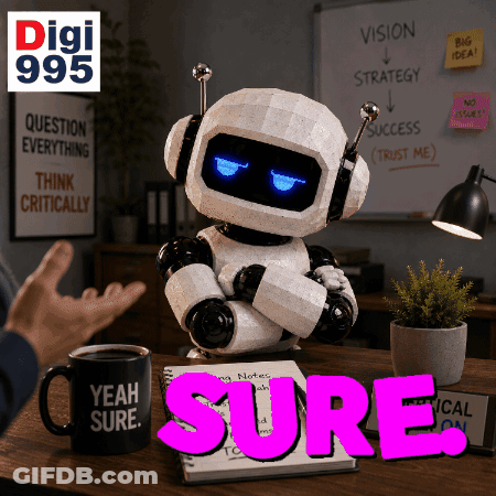 Robot With Mug Saying Yeah Sure GIF