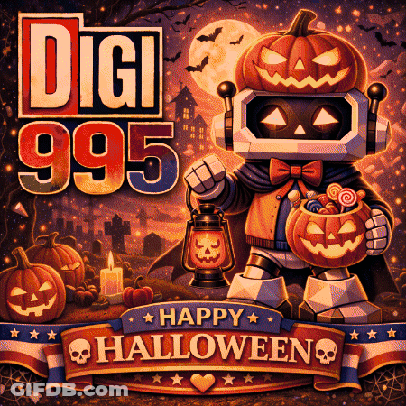 Robot With Pumpkin Head Holding Lantern And Candy GIF