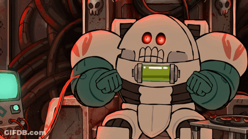 Robot With Red Eyes And Green Device In Mouth GIF
