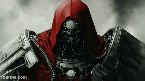 Robot With Red Hood And Skull On Face GIF