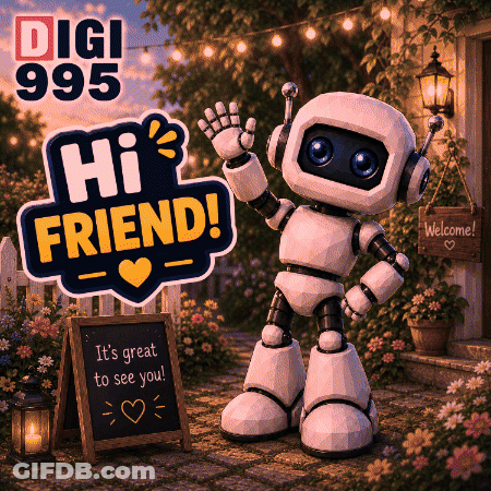 Robot With Sign Saying Hi Friend GIF