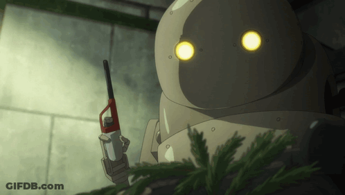 Robot With Yellow Eyes Holding Lighter GIF