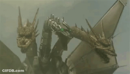 Robotic Dragon Flying With Purple And Yellow Smoke GIF