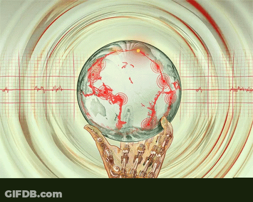 Robotic Hand Holding Globe With Red Circles GIF