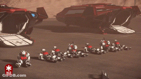 Robots Sitting In Front Of Red Spaceship GIF