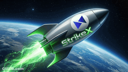 Rocket With Strikex Flying Through Space GIF