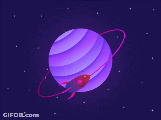 Rocketship Orbiting Around The Purple Planet GIF